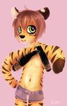  clothing cute effeminate elbow_gloves feline front girly gloves kolae lace male mammal pink_background plain_background saba sabakitty shorts skinny slender slim solo tail_grab tiger 