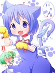  2girls :3 animal_ears bell blood blue_eyes blue_hair blush cat_ears cat_tail cirno collar collarbone daiyousei fairy_wings fang gloves green_hair hair_ribbon heart highres ice ice_wings kemonomimi_mode looking_at_viewer makuran multiple_girls nosebleed open_mouth paw_gloves paw_print paws puffy_sleeves ribbon short_hair short_sleeves side_ponytail tail touhou wings 