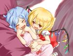  bed blonde_hair blue_hair blush closed_eyes dutch_angle fang flandre_scarlet lying midriff multiple_girls navel on_side open_mouth pajamas red_eyes remilia_scarlet siblings side_ponytail sisters smile tickling touhou wings yukiririn 