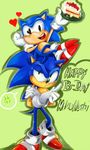  anthro black_eyes blue_fur blue_hair cake duo food fur green_eyes hair hedgehog male mammal mikuhoshi sega sonic_(series) sonic_generations sonic_the_hedgehog square_crossover 