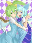  :d blue_eyes blue_hair blush bow caesar_anthonio_zeppeli caesar_anthonio_zeppeli_(cosplay) cirno cosplay daiyousei fairy_wings green_eyes green_hair hair_bow hair_ribbon headband hug ice ice_wings jojo_no_kimyou_na_bouken joseph_joestar_(young) joseph_joestar_(young)_(cosplay) long_hair multiple_girls open_mouth peperoncirno ribbon scarf short_hair side_ponytail smile touhou wings 