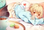  :3 black_legwear blonde_hair cup food glasses hair_ornament hairclip heart highres komeshiro_kasu lying macaron original red-framed_eyewear red_eyes short_hair skirt solo spoken_heart stuffed_toy sweater thighhighs tray 