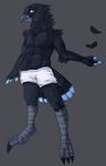  anthro avian beak biceps bird black_body black_feathers blue_body blue_eyes blue_feathers boxers chest_tuft claws clothed clothing feathers fur grey_background grin half-dressed looking_at_viewer male muscles ookami-kun pecs plain_background pose smile solo standing talons toned topless tuft underwear 