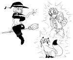  2018 before_and_after breasts broom canine clothed clothing duo female feral flying fox hair human human_to_feral magic magic_user mammal monochrome navel short_hair simple_background standing surprise transformation white_background witch xbc9 