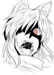  animal_ears chaigidhiell face fangs greyscale hair_over_one_eye highres inubashiri_momiji monochrome open_mouth red_eyes saliva simple_background solo spot_color teeth tongue touhou wolf_ears 