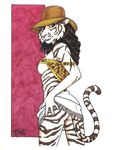 absurd_res back_turned breasts brown_eyes brown_hair butt clothing fangs feline female hair hat hi_res long_hair looking_at_viewer looking_back mammal nipples pink_nose shirt shirt_lift side_boob solo standing stripes terrie_smith tiger traditional_media white_tiger 