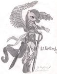  2012 anthro anthrofied armor equine fluttershy_(mlp) friendship_is_magic greyscale horse monochrome my_little_pony pegasus plain_background pony solo sword traditional weapon white_background wings 