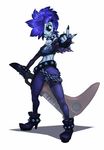  1girl black_sclera blue_eyes blue_hair boots breasts chains cleavage fingerless_gloves gloves grin hair_ornament hairclip instrument jewelry keytar koi_drake mohawk navel original pants roxanne_(koi_drake) short_hair simple_background skull smile solo standing white_background 