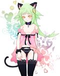  :&lt; animal_ears babydoll bare_shoulders blush breasts cat_ears cat_tail collar fake_animal_ears final_fantasy garter_belt green_hair hair_ornament lingerie long_hair looking_down navel panties personification shinzui_(fantasysky7) small_breasts solo tail thighhighs tonberry underwear underwear_only yellow_eyes 