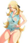  1girl :p blonde_hair blue_eyes bottomless breasts cleavage edit hair_ornament hair_over_one_eye highres large_breasts long_hair nipples pokemon pokemon_(anime) see-through shirona_(pokemon) smile tongue turizao uncensored very_long_hair 