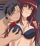  1girl blush bra breast_grab breasts cleavage eyes_closed gitai_saimin grabbing groping highres kasuga_reina large_breasts long_hair male red_hair smile stitched underwear 