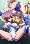  2girls absurdres ass astraea barefoot blonde_hair breasts choker eyes_closed feet fundoshi green_eyes hair_ribbon highres ikaros incredibly_absurdres kinniku_buster large_breasts long_hair multiple_girls muscle_buster no_shoes nyantype official_art red_hair ribbon sarashi sora_no_otoshimono spread_legs swimsuit toeless_legwear toeless_socks toes twintails underboob very_long_hair wings wrestling 