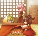  5girls :3 ? blonde_hair bow braid brown_hair detached_sleeves flower food frog_hair_ornament fruit green_hair hair_bow hair_ornament hair_tubes hakurei_reimu ibaraki_kasen karioda kirisame_marisa kochiya_sanae kotatsu long_hair mandarin_orange multiple_girls short_hair sleeping snake_hair_ornament table touhou wild_and_horned_hermit youkai_fox_(wild_and_horned_hermit) |_| 