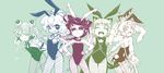  absurdres animal_ears asymmetrical_wings back bad_id bad_pixiv_id blue_background bow bowtie bunny_ears bunny_girl bunny_tail bunnysuit cat_ears cat_tail chen crystal eyes fake_animal_ears fishnet_pantyhose fishnets flandre_scarlet flat_chest hair_ornament hamahara_yoshio heart heart-shaped_pupils highres houjuu_nue jewelry komeiji_koishi leotard long_hair looking_back moriya's_iron_rings moriya_suwako multiple_girls odd_one_out open_mouth pantyhose ribbon ring short_hair showgirl_skirt smile snake spot_color stage_connection symbol-shaped_pupils tail third_eye touhou wings wrist_cuffs 