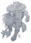  armor axe belt canine claws fur hood inert-ren monochrome plain_background teeth vein weapon white_background wolf 