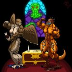  abs altar avian beak biceps bird bodybuilder book breasts candle clothing couple dagger dinosaur female flexing happy invalid_tag knife muscles muscular_female nipples nude pose pussy reptile scalie smile swemu torn_clothing weapon window wings 