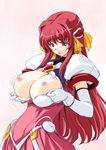  1girl beat_angel_escalayer blue_eyes blush breasts breasts_outside elbow_gloves escalayer female gloves kiyama_satoshi long_hair nipples open_mouth ore_p-1_gou puffy_sleeves red_hair solo 