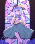  absurdres blue_flower blue_rose blush breasts flower green_eyes hat hat_ribbon heart highres komeiji_koishi light_particles medium_breasts ribbon rose short_hair silver_hair skirt smile solo stained_glass third_eye touhou uyuu_(hirameki) 