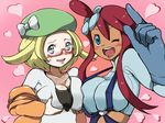  2girls bel_(pokemon) blonde_hair blue_eyes blush breasts cleavage fuuro_(pokemon) glasses green_eyes gym_leader large_breasts multiple_girls nintendo pokemon red_hair refuto 