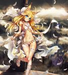  animal_ears armlet blonde_hair blue_eyes bracelet feathers fox_ears glycyrrhizae jewelry long_hair navel original sandals smile solo thigh_strap 