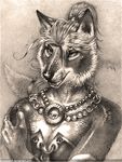  black_and_white breasts bubblewolf canine cleavage clothed clothing female fox greyscale hair looking_at_viewer mammal monochrome necklace solo standing 