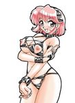  1girl bdsm blush bra breasts collar cuffs cupless_bra female looking_at_viewer makino_yasuhiro navel nipples open_mouth pink_eyes pink_hair short_hair smile solo standing underwear 