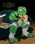  catmonkshiro clothing food losing_hair male pizza reptile scalie shell shirt shorts socks sofa teenage_mutant_ninja_turtle teenage_mutant_ninja_turtles torn_clothing transformation turtle two-toed two_toes 