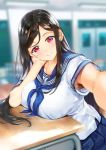  1girl armpit_hair black_hair blue_neckwear blue_sailor_collar blue_skirt blurry blurry_background blush breast_rest breasts chin_rest classroom collarbone desk ereraero head_tilt highres large_breasts long_hair looking_at_viewer neckerchief original pleated_skirt red_eyes sailor_collar school_desk school_uniform self_shot serafuku shiny shiny_hair shirt short_sleeves sitting skirt smile solo straight_hair white_shirt zipper_pull_tab 