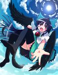  black_hair black_legwear blush bow cloud day feathers hair_bow highres karasuma_amiru long_hair open_mouth red_eyes reiuji_utsuho skirt sky solo thighhighs third_eye touhou wings 