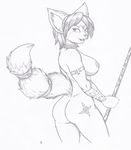  anthro black_and_white bracelet breasts butt canine female fox jewelry joey-darkmeat krystal looking_at_viewer looking_back mammal monochrome necklace nintendo nipples nude polearm solo staff standing star_fox tattoo video_games 