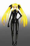  blonde_hair bodysuit cameltoe fate_testarossa highres hydrangia latex lyrical_nanoha mahou_shoujo_lyrical_nanoha pixiv_manga_sample red_eyes resized ribbon shiny skin_tight 