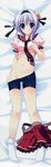  1girl absurdres bell blue_eyes dakimakura feet feng hair_ribbon highres hinata_ibuki hoshizora_e_kakaru_hashi long_image navel necktie no_shoes purple_hair ribbon short_hair socks tall_image toes undressing 