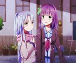  angel_beats! bad_id bad_pixiv_id green_eyes long_hair multiple_girls o-bei purple_hair scarf school_uniform serafuku shinda_sekai_sensen_uniform short_hair silver_hair snow tenshi_(angel_beats!) yellow_eyes yuri_(angel_beats!) 