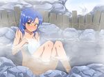  blue_hair blush breasts brown_eyes guntank idolmaster idolmaster_(classic) kisaragi_chihaya long_hair nude oku_(okumen) onsen sitting small_breasts solo steam towel water when_you_see_it 