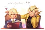  alcohol blonde_hair book cup dio_brando drinking_glass headband heart jojo_no_kimyou_na_bouken jonau multiple_boys older reading red_eyes wine wine_glass younger 