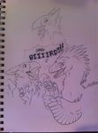  :&gt; archaeopteryx avian bird claws dinosaur eyewear glasses happy open_mouth pencils scalie sketchbook unknown_artist 