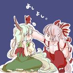  bad_id bad_pixiv_id dress ex-keine fujiwara_no_mokou green_dress green_hair grey_hair hair_ribbon horn_ribbon horns kamishirasawa_keine komaku_juushoku long_hair lowres multiple_girls neckerchief petting red_eyes ribbon squatting suspenders tail touhou very_long_hair 