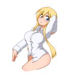 1girl blonde_hair blue_eyes bottomless breasts curvy female hand_behind_head kaz_(shade) large_breasts long_hair shirt simple_background solo thighs white_background 