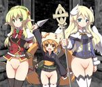  3girls blonde_hair blue_eyes blush bottomless bow brown_eyes chikyuujin_a elf female green_eyes hat knife long_hair looking_at_viewer multiple_girls open_mouth orange_hair outdoors pointy_ears pubic_hair pussy smile staff standing thighhighs twintails uncensored uniform weapon 