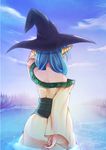  back bare_shoulders black_hat blue_hair cloud cowboy_shot day from_behind hair_ornament hand_up hat long_hair long_sleeves magi_the_labyrinth_of_magic off_shoulder outdoors sash shelf sky solo suishin_tenra wading water wet wet_clothes wide_sleeves witch_hat yamuraiha 