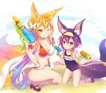  2girls animal_ear_fluff animal_ears artist_name beach bell bikini blonde_hair blush breasts cleavage closed_mouth commentary_request fox_ears fox_tail fuchima geta glasses gradient_hair hair_between_eyes hairband hatsuse_izuna kneeling long_hair looking_at_viewer medium_breasts miko_(no_game_no_life) multicolored_hair multiple_girls multiple_tails navel no_game_no_life one_eye_closed purple_eyes purple_hair sand school_swimsuit short_hair slit_pupils smile swimsuit tabi tail very_long_hair water water_gun whiskers yellow_eyes 