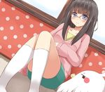  alternate_hairstyle bird black_hair blue_eyes chaa_(korone-ze) dera_mochimazzui glasses hair_down hair_ornament kitashirakawa_tamako kneehighs long_hair mole mole_on_neck polka_dot sweater tamako_market white_legwear 