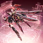  2013 akatsuki_akane binary boots character_name detached_sleeves drill_hair floating_hair hand_on_own_chest headphones highres holographic_interface kasane_teto mechanical_wings outstretched_arm red_eyes red_hair skirt solo speaker thigh_boots thighhighs twin_drills twintails utau wings 