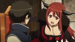  animated animated_gif bouncing_breasts breasts brown_hair cleavage demon fur horns large_breasts long_hair lowres maou_(maoyuu) maoyuu_maou_yuusha open_mouth red_eyes red_hair short_hair yuusha_(maoyuu) 