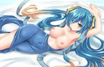  aqua_hair armpits arms_up blonde_hair blush breasts collarbone curvy gradient_hair hair_ornament hair_over_one_eye large_breasts league_of_legends light_smile long_hair lying miyuki_rei multicolored_hair nipples pillow skin_tight solo sona_buvelle topless twintails very_long_hair yellow_eyes 