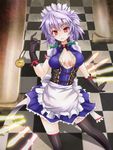  black_gloves black_legwear braid breasts checkered checkered_floor cleavage_cutout girdle gloves grin izayoi_sakuya knife maid maid_headdress medium_breasts no_bra pocket_watch red_eyes short_hair silver_hair skirt smile solo sumapan thighhighs touhou twin_braids watch 