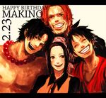  1girl 3boys bandanna birthday black_hair brother brothers dated freckles letterboxed makino makino_(one_piece) monkey_d_luffy multiple_boys necklace one_piece portgas_d_ace red_hair scar shanks siblings smile teeth 