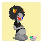  3d_glasses absurdres barefoot food grey_skin heterochromia highres holding homestuck horns ice_cream knees male_focus non-web_source plump sitting sollux_captor solo stomach troll_(homestuck) yellow 