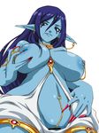  areolae armlet blue_eyes blue_hair blue_skin breasts censored earrings fingernails jewelry large_breasts long_fingernails long_hair magi_the_labyrinth_of_magic mnjs nail_polish navel_piercing nipple_piercing nipples no_panties paimon piercing pointy_ears pussy_peek simple_background solo standing topless white_background 