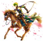  arano_hachi armor belt blue_eyes boots bow_(weapon) cherry_blossoms fire_emblem fire_emblem:_monshou_no_nazo fire_emblem:_shin_monshou_no_nazo gauntlets green_eyes green_hair horse male_focus riding sedgar solo weapon 